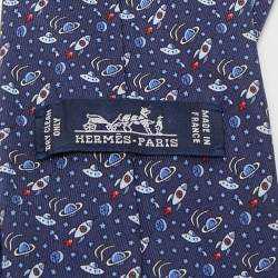 Pre Owned Hermes Navy Blue Space Print Silk Tie