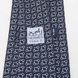 Pre Owned Hermes Navy Blue Print Silk Mors Ever Marine Tie