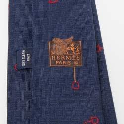 Pre Owned Hermes Navy Blue Silk Pluie Equestre Tie