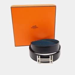 Hermes Noir/Bleu De Prusse Chamonix and Togo Leather H Au Carre Reversible Belt 100 CM