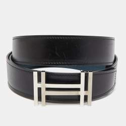 Hermes Noir/Bleu De Prusse Chamonix and Togo Leather H Au Carre Reversible Belt 100 CM
