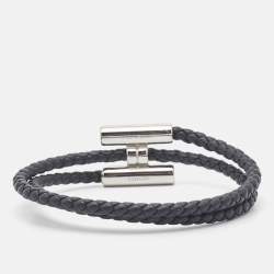 Hermès Tournis Tresse Black Leather Palladium Plated Bracelet