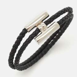 Hermès Tournis Tresse Black Leather Palladium Plated Bracelet
