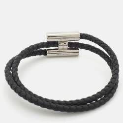 Hermès Tournis Tresse Black Leather Palladium Plated Bracelet