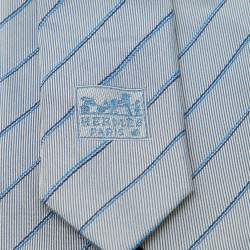 Hermes Grey/Blue Diagonal Striped Silk Classic Tie
