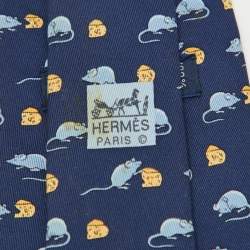 Pre Owned Hermès Navy Blue Mouse and Cheese Print Silk Classic Tie