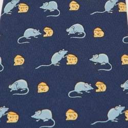 Pre Owned Hermès Navy Blue Mouse and Cheese Print Silk Classic Tie
