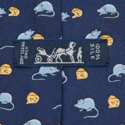 Pre Owned Hermès Navy Blue Mouse and Cheese Print Silk Classic Tie