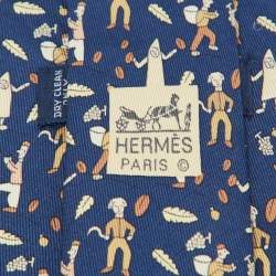 Pre Owned Hermes Blue Les Vendanges Print Silk Classic Tie