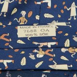 Pre Owned Hermes Blue Les Vendanges Print Silk Classic Tie