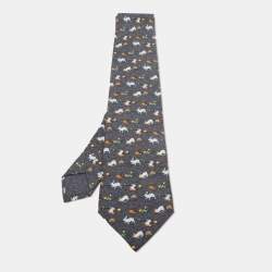 Hermes Grey Rabbit Print Silk Classic Tie