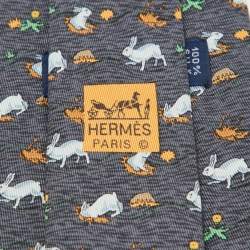 Hermes Grey Rabbit Print Silk Classic Tie