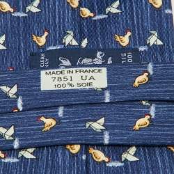 Hermes Blue Whimsical Chickens Print Silk Classic Tie