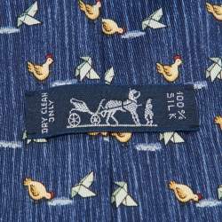 Hermes Blue Whimsical Chickens Print Silk Classic Tie