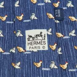 Hermes Blue Whimsical Chickens Print Silk Classic Tie