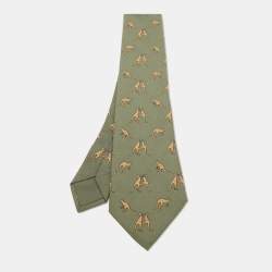 Hermes Olive Green/Beige Boxing Kangaroo Print Silk Classic Tie
