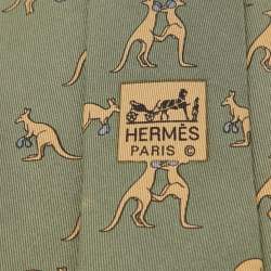 Hermes Olive Green/Beige Boxing Kangaroo Print Silk Classic Tie