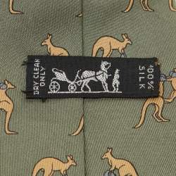 Hermes Olive Green/Beige Boxing Kangaroo Print Silk Classic Tie