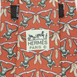Pre Owned Hermes Multicolor Monkey Print Silk Classic Tie