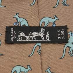 Pre Owned Hermes Beige/Blue Boxing Kangaroo Print Silk Classic Tie