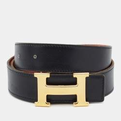 Pre Owned Hermès Orange/Noir Togo and Chamonix Leather H Buckle Reversible Belt 105 CM