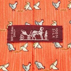 Pre Owned Hermès Orange Whimsical Chicken Print Silk Tie