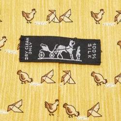 Pre Owned Hermès Yellow Whimsical Chickens Print Silk Classic Tie