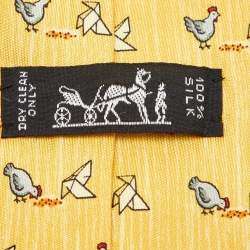 Hermes Yellow Whimsical Chickens Print Silk Classic Tie