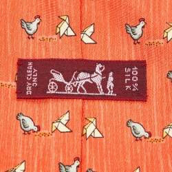 Hermès Orange Whimsical Chickens Print Silk Classic Tie