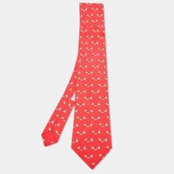 Hermès Red Whimsical Chickens Print Silk Classic Tie