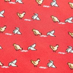 Hermès Red Whimsical Chickens Print Silk Classic Tie