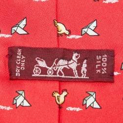 Hermès Red Whimsical Chickens Print Silk Classic Tie