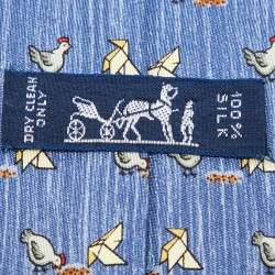 Hermès Blue Whimsical Chickens Print Silk Classic Tie