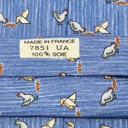 Hermès Blue Whimsical Chickens Print Silk Classic Tie