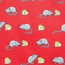 Pre Owned Hermès Red Mouse and Cheese Print Silk Classic Tie