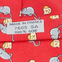 Pre Owned Hermès Red Mouse and Cheese Print Silk Classic Tie