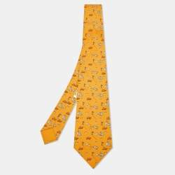 Hermès Mustard Bunny/Turtle Print Silk Classic Tie