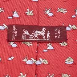Hermès Red Whimsical Turtles Print Silk Classic Tie