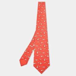 Hermès Orange Raccoon Print Silk Classic Tie