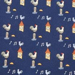 Pre Owned Hermès Blue Rooster Clock Print Silk Classic Tie