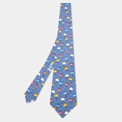 Hermès Blue Umbrella Print Silk Tie