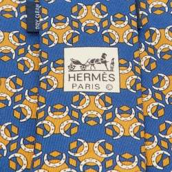 Pre Owned Hermes Dark Blue Horseshoe Print Silk Tie