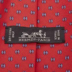 Pre Owned Hermès Rouge Vif/Ciel Silk Twill H Tonneau Tie
