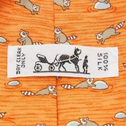 Pre Owned Hermes Orange Raccoon Print Silk Tie