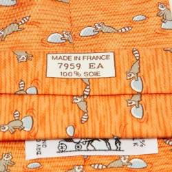 Pre Owned Hermes Orange Raccoon Print Silk Tie
