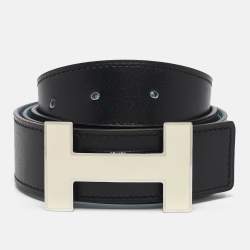 Hermes Bleu Jean/Noir Togo and Box Leather Enamel Quizz H Buckle Reversible Belt 90 CM
