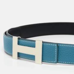 Hermes Bleu Jean/Noir Togo and Box Leather Enamel Quizz H Buckle Reversible Belt 90 CM