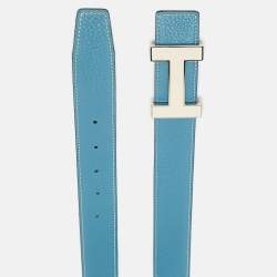 Hermes Bleu Jean/Noir Togo and Box Leather Enamel Quizz H Buckle Reversible Belt 90 CM