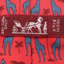 Hermes Red Giraffe and Palm Tree Print Silk Tie