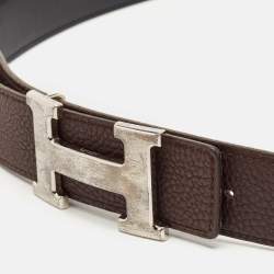 Pre Owned Hermes Black/Chocolat Box and Togo Leather H Buckle Reversible Belt 105CM